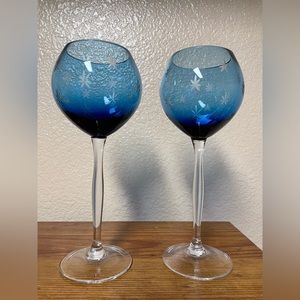 Long Stem 2 Blue Wine Glasses 9inches Tall